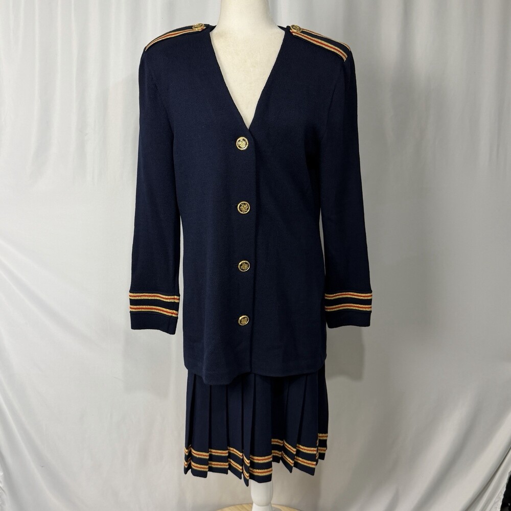 St. John Santana Knit 2pc Jacket & Skirt Suit Nautical Style Navy Sz 12